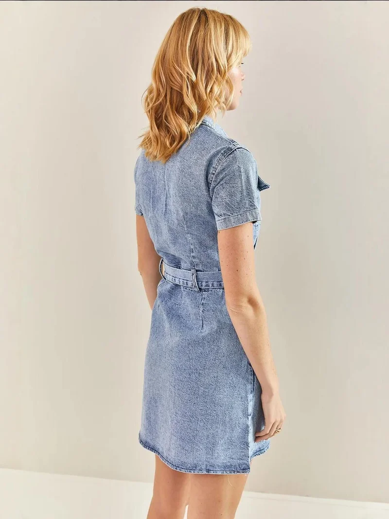 Bianco Lucci LUCCI Mini Denim Dress with Shirt Collar and Belt