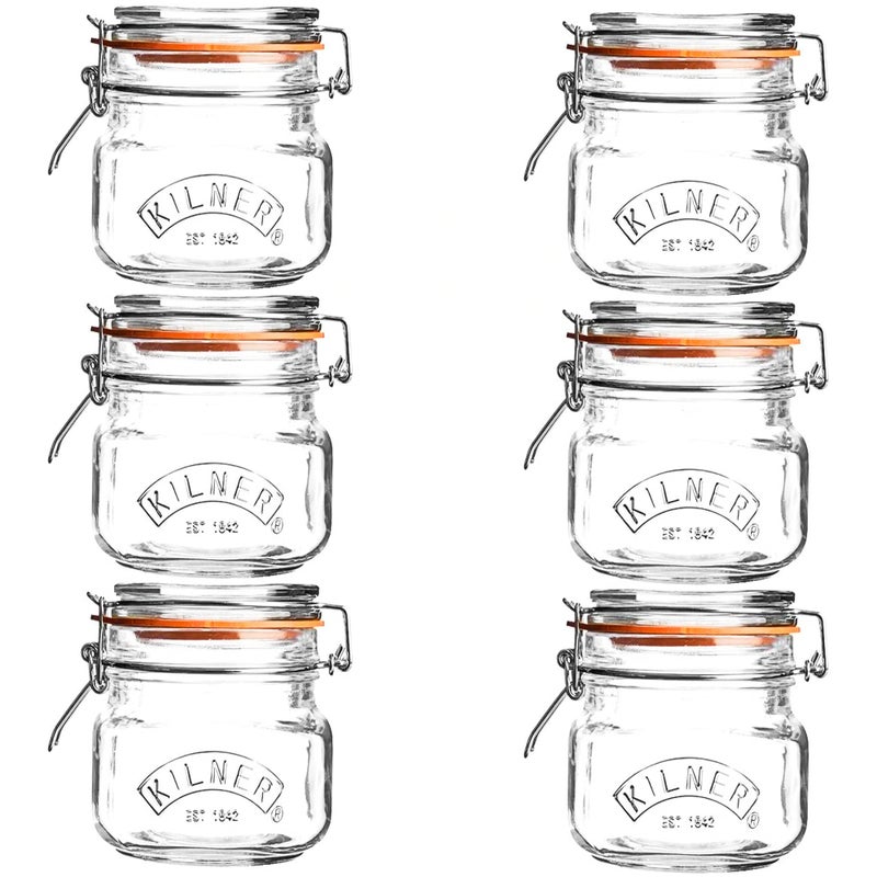 6 x Kilner Square 05 Litre Airtight Clip Top Preserve Jars 0025510
