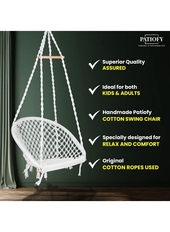 Patiofy Patiofy Premium D-Shape Hammock Hanging Swing for Adult/Swing for Balcony, Indoor,Outdoor/Swing Chair for Adults & Kids for Home/Handmade Cotton Jhula with Sturdy Frame/Includes Hanging Kit-Pure White - Image 4
