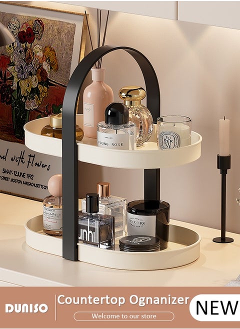Double-deck Bathroom Countertop Ognanizer, Desktop Perfume & Skincare Display Stand, Portable Cosmetic Organiser with Handle, Multifunction Desk Accessories Rack for Bathroom Counter, Bedroom, Dresser, Kithen