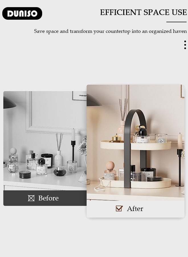 DUNISO منظم سطح مكتب الحمام ذو الطابقين، حامل عرض العطور والعناية بالبشرة، منظم تجميل محمول مع مقبض، رف ملحقات مكتبية متعددة الوظائف لسطح الحمام، غرفة النوم، تسريحة، مطبخ - Image 3