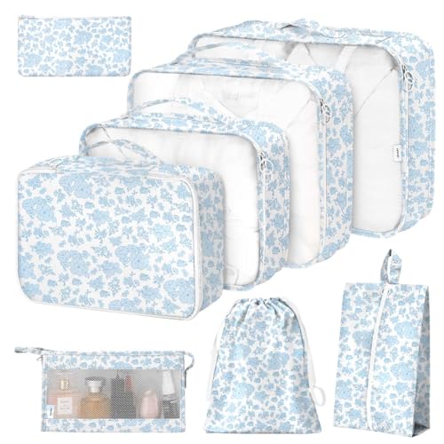 Hatisan 8 Set Packing Cubes for Suitcases,Packing Cube with Shoe, Cosmetics, Clothing, and Accessories Bags Packing Cubes for Travel Luggage Organizer Women Men(Blue Flowers) - Image 1