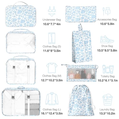 Hatisan 8 Set Packing Cubes for Suitcases,Packing Cube with Shoe, Cosmetics, Clothing, and Accessories Bags Packing Cubes for Travel Luggage Organizer Women Men(Blue Flowers) - Image 2