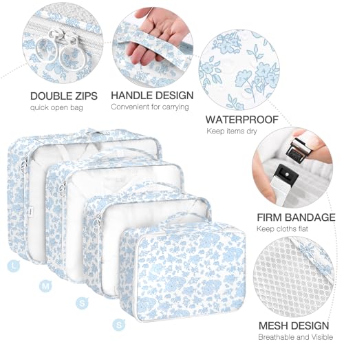Hatisan 8 Set Packing Cubes for Suitcases,Packing Cube with Shoe, Cosmetics, Clothing, and Accessories Bags Packing Cubes for Travel Luggage Organizer Women Men(Blue Flowers) - Image 3