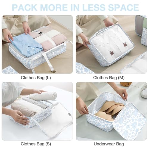 Hatisan 8 Set Packing Cubes for Suitcases,Packing Cube with Shoe, Cosmetics, Clothing, and Accessories Bags Packing Cubes for Travel Luggage Organizer Women Men(Blue Flowers) - Image 4