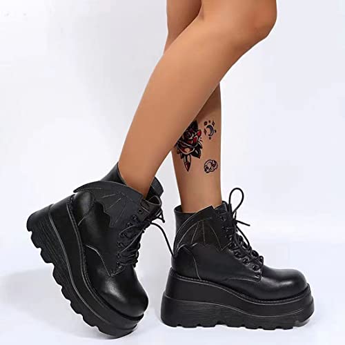 Ulalaza Dark Bat Wing Ankle Boots for Women Wedge Chunky with Sassy Platform Boot Round Toe Lace up Side Zipper High Heel Women Boot Stretch Fabric Soft Skin-Friendly and fit Around The Ankle - Image 4