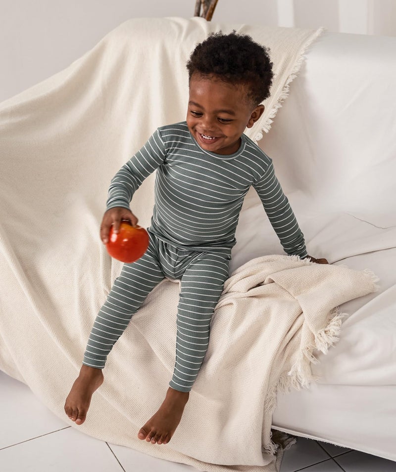AVAUMA Stripe Pattern Baby Boys Girls Pajama Set Kids Toddler Snug fit Ribbed Sleepwear pjs for Daily Life Style (D.Blue, O.Gn 6-12 Months) (2Pack-Long) - Image 3
