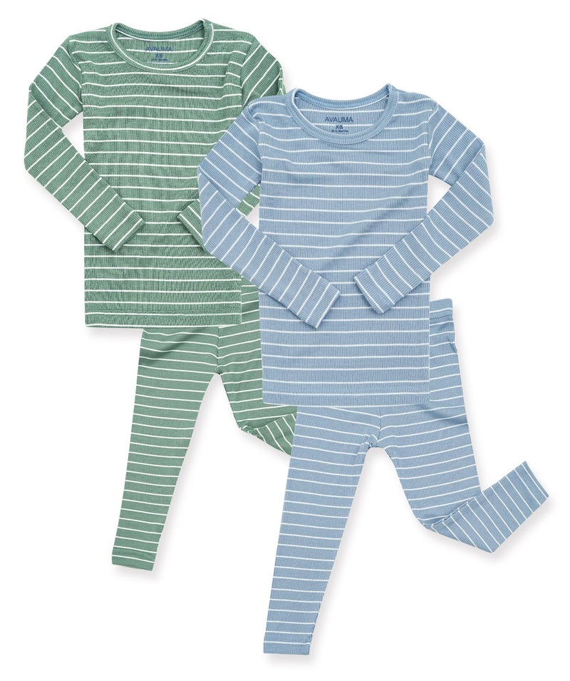AVAUMA Stripe Pattern Baby Boys Girls Pajama Set Kids Toddler Snug fit Ribbed Sleepwear pjs for Daily Life Style (D.Blue, O.Gn 6-12 Months) (2Pack-Long) - Image 1