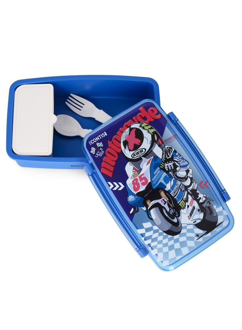 Nova kids Bento Lunch Box with Spoon And Fork - Motorbike Blue - Image 1