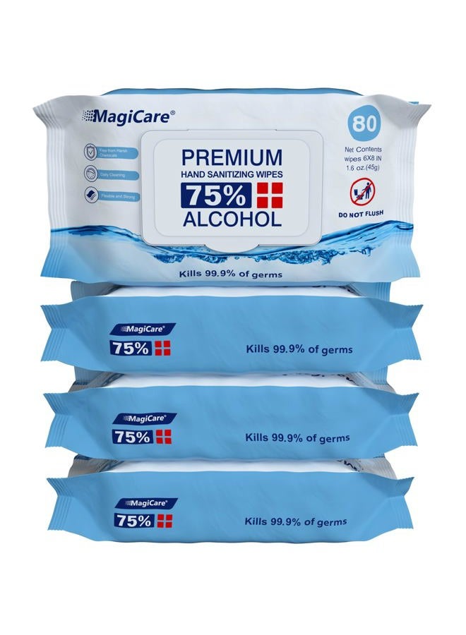 MagiCare 75% Large Alcohol Wipes (4-80ct Packs) - Alcohol Hand Sanitizing Wipes, Premium - Unscented Hand Wipe, Sanitizer Wipe - Travel, Home, Classroom, Camping - 4 Soft Packs (320pcs) - Image 1