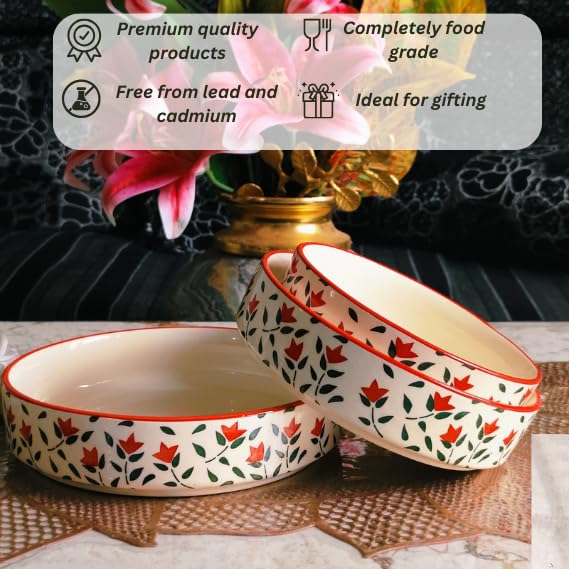 Niyara Stoneware Handmade Ceramic Stylish Premium Serving Bowls/Salad Tray Microwave Dishwasher Safe (Red Leaf Salad Bowl Set of 3) - Image 5