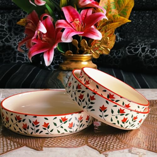 Niyara Stoneware Handmade Ceramic Stylish Premium Serving Bowls/Salad Tray Microwave Dishwasher Safe (Red Leaf Salad Bowl Set of 3) - Image 1