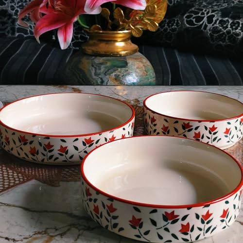 Niyara Stoneware Handmade Ceramic Stylish Premium Serving Bowls/Salad Tray Microwave Dishwasher Safe (Red Leaf Salad Bowl Set of 3) - Image 3