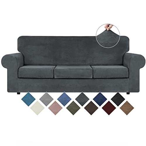 WEERRW 4 Pieces Velvet High Stretch Couch Covers for 3 Cushion Sofa Slipcovers Washable Furniture Protector with Non Slip Elastic Bottom Feature Soft and Thick Plush Fabric Dark Grey Large