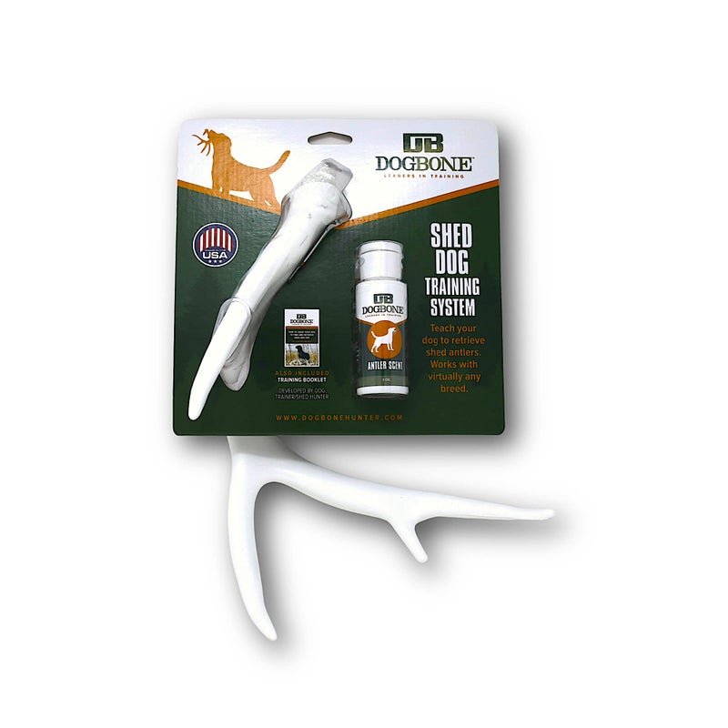 DogBone Shed Hunting Dog Training Kit â€“ Train Your Puppy to Find Deer Antlers - Includes 2 oz Scent for Nosework & Flexible Floating Dummy for Retrieving - Perfect for Whitetail Hunters