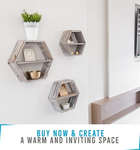 Comfify Rustic Wall Mounted Hexagonal Floating Shelves – Set of 3 Honeycomb Shelves - Farmhouse Decor – Honeycomb Wall Decor - Rustic White - Image 4