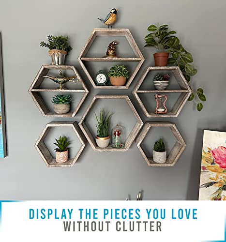 Comfify Rustic Wall Mounted Hexagonal Floating Shelves – Set of 3 Honeycomb Shelves - Farmhouse Decor – Honeycomb Wall Decor - Rustic White - Image 5