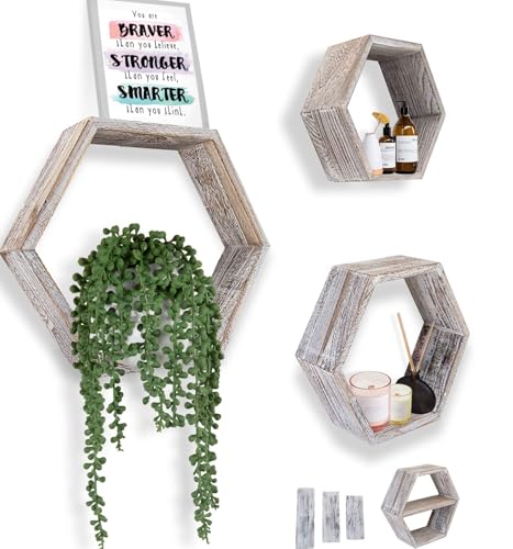 Comfify Rustic Wall Mounted Hexagonal Floating Shelves – Set of 3 Honeycomb Shelves - Farmhouse Decor – Honeycomb Wall Decor - Rustic White - Image 1
