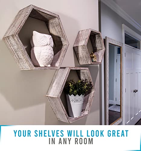 Comfify Rustic Wall Mounted Hexagonal Floating Shelves – Set of 3 Honeycomb Shelves - Farmhouse Decor – Honeycomb Wall Decor - Rustic White - Image 3