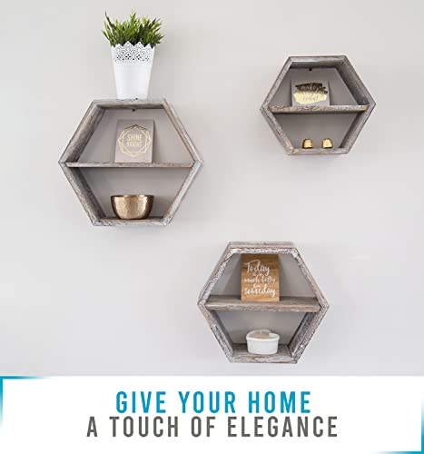 Comfify Rustic Wall Mounted Hexagonal Floating Shelves – Set of 3 Honeycomb Shelves - Farmhouse Decor – Honeycomb Wall Decor - Rustic White - Image 2