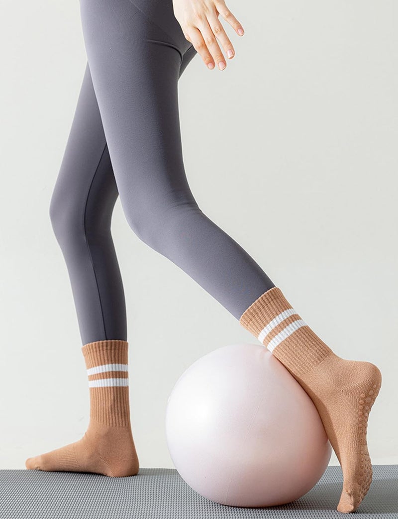 PUJANE 5 Pairs Grip Pilates Socks for Women, Non Slip Yoga Athletic Long Crew Socks for Barre Ballet Gym Workout - Image 3