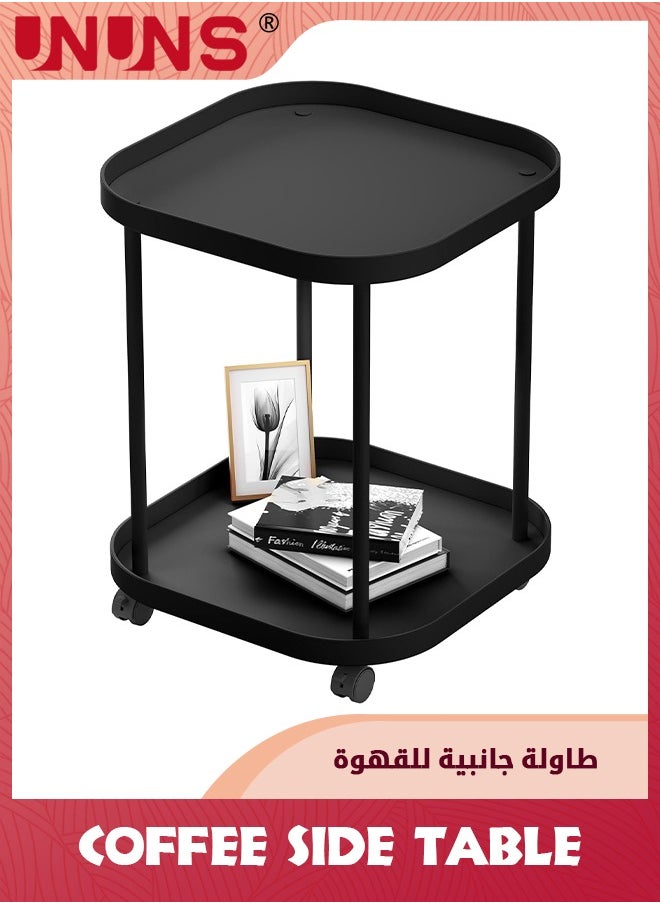 UNUNS - Side Table With Wheels,Double-Layer End Table Living Room Plastic Mobile Sofa Side Table,For Small Night Stand Bedroom,Black - Image 1