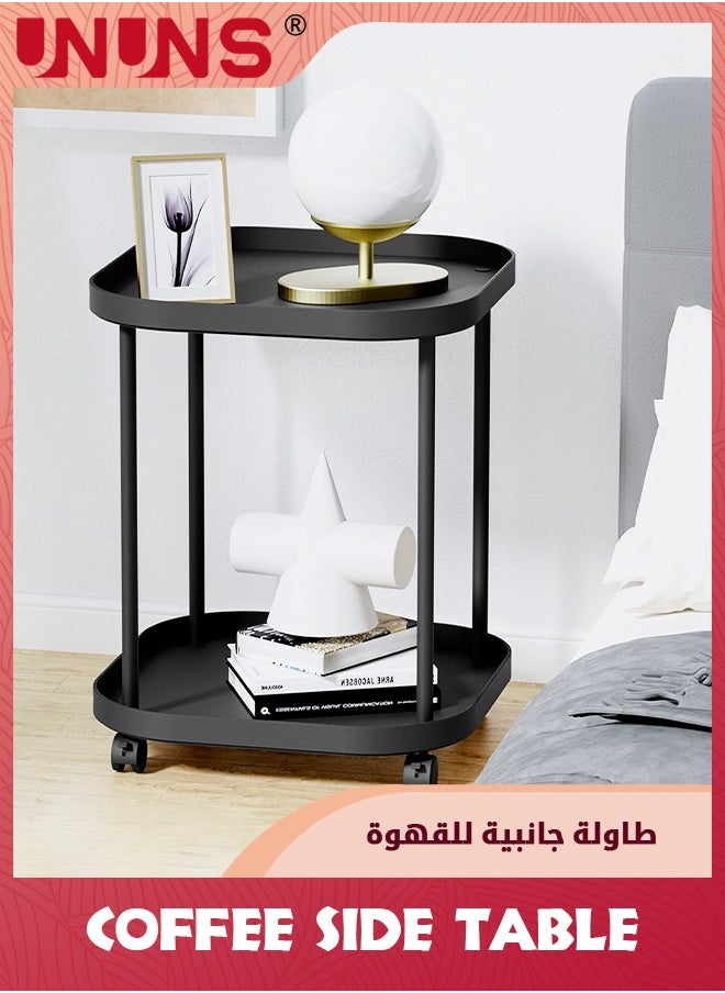 UNUNS - Side Table With Wheels,Double-Layer End Table Living Room Plastic Mobile Sofa Side Table,For Small Night Stand Bedroom,Black - Image 1