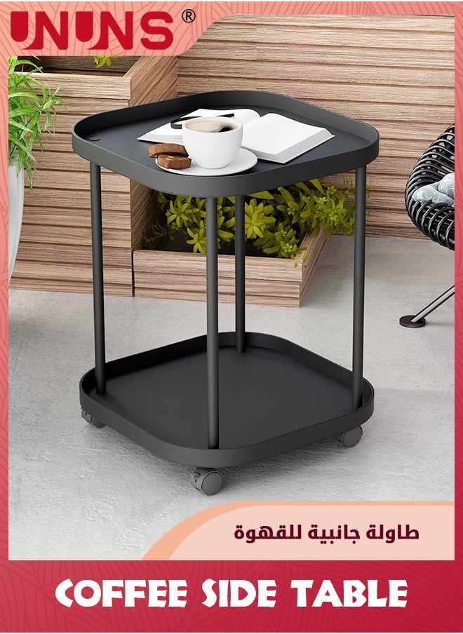 UNUNS - Side Table With Wheels,Double-Layer End Table Living Room Plastic Mobile Sofa Side Table,For Small Night Stand Bedroom,Black - Image 1