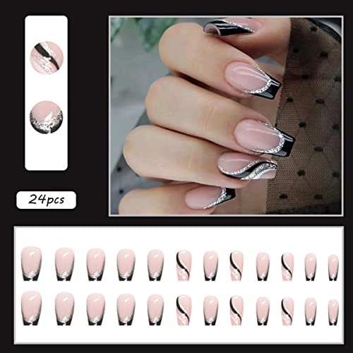 YKZFUI 24PCS Black French Tip Press on Nails Medium Length Square Fake Nails with Silver Glitter Line Designs Glossy Coffin Nails Full Cover Nail Tips False Cute Stick on Nails for Women - Image 3