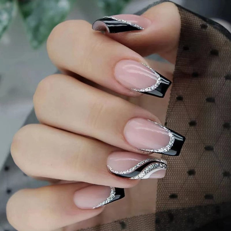 YKZFUI 24PCS Black French Tip Press on Nails Medium Length Square Fake Nails with Silver Glitter Line Designs Glossy Coffin Nails Full Cover Nail Tips False Cute Stick on Nails for Women - Image 2