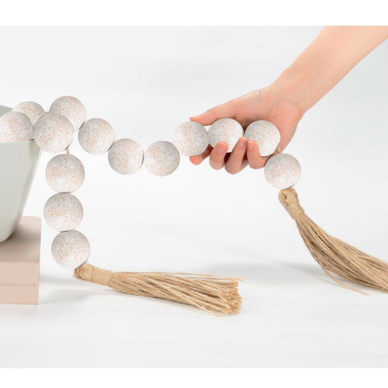OMISHE 60 Long Extra Large Wood Bead Garland with 16 Diameter Wooden Beads and Tassels Rustic Farmhouse Country Decorative Beads for Home Tiered Tray Decor Rustic White - Image 2