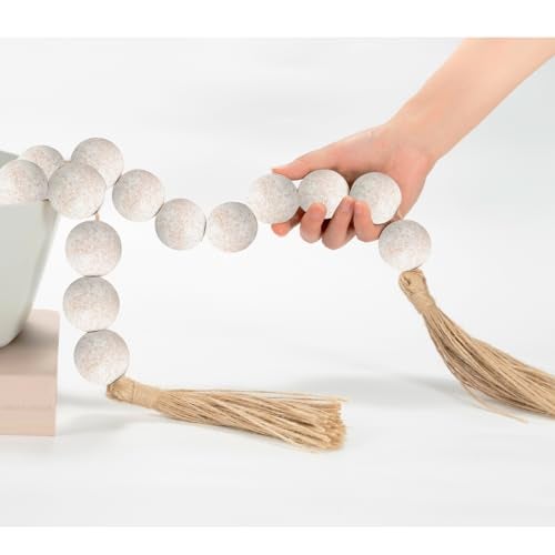 OMISHE 60 Long Extra Large Wood Bead Garland with 16 Diameter Wooden Beads and Tassels Rustic Farmhouse Country Decorative Beads for Home Tiered Tray Decor Rustic White - Image 1