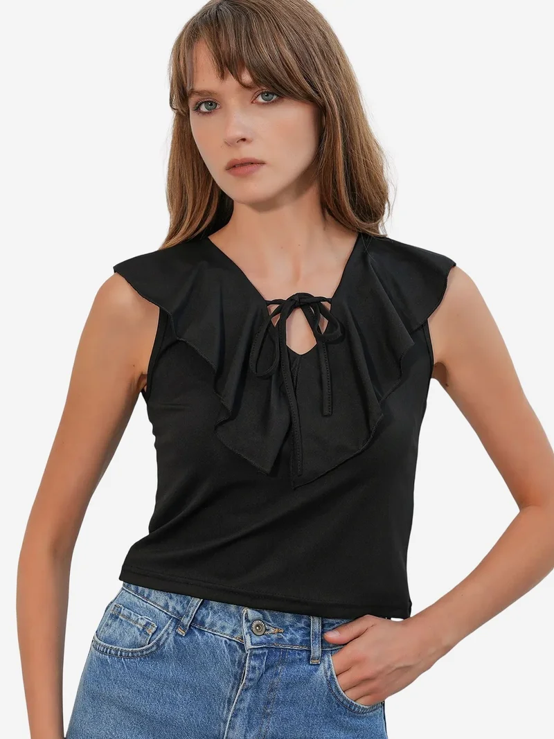 Big Dart BDART Women's Solid Knit Crop Blouse With Tie Front