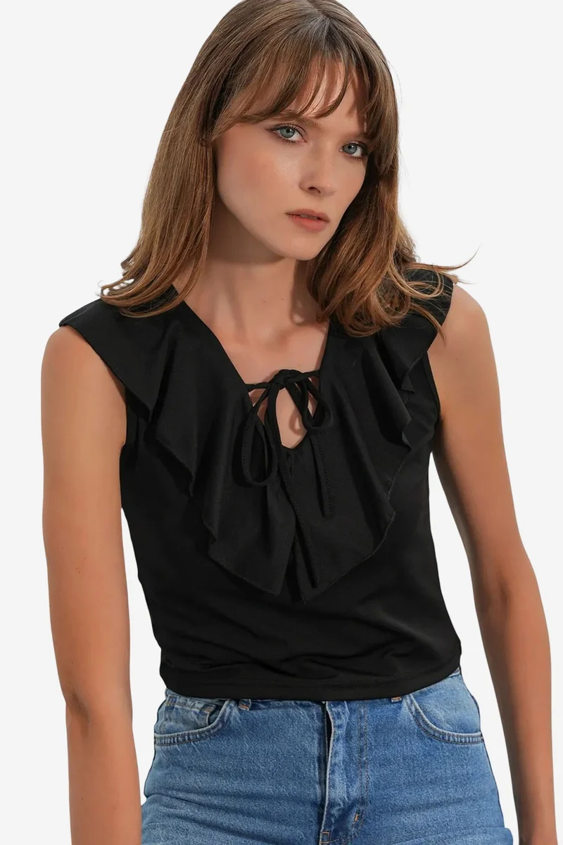 Big Dart BDART Women's Solid Knit Crop Blouse With Tie Front