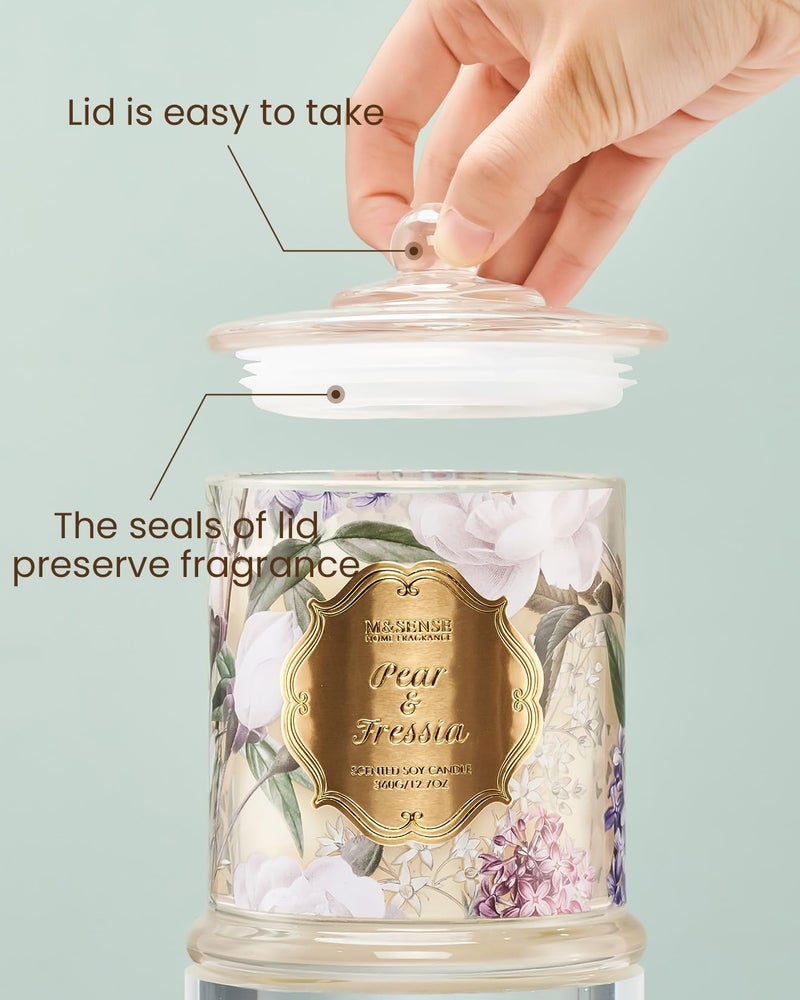 M&SENSE Pear Fressia Candles Home Scented, Organic Soy Candle 12.7oz 75 Hour Long Lasting Slow Burning, Spring Floral Fragrant Relaxing Aromatherapy Candle, Aaesthetic Candle Gift for Women - Image 3