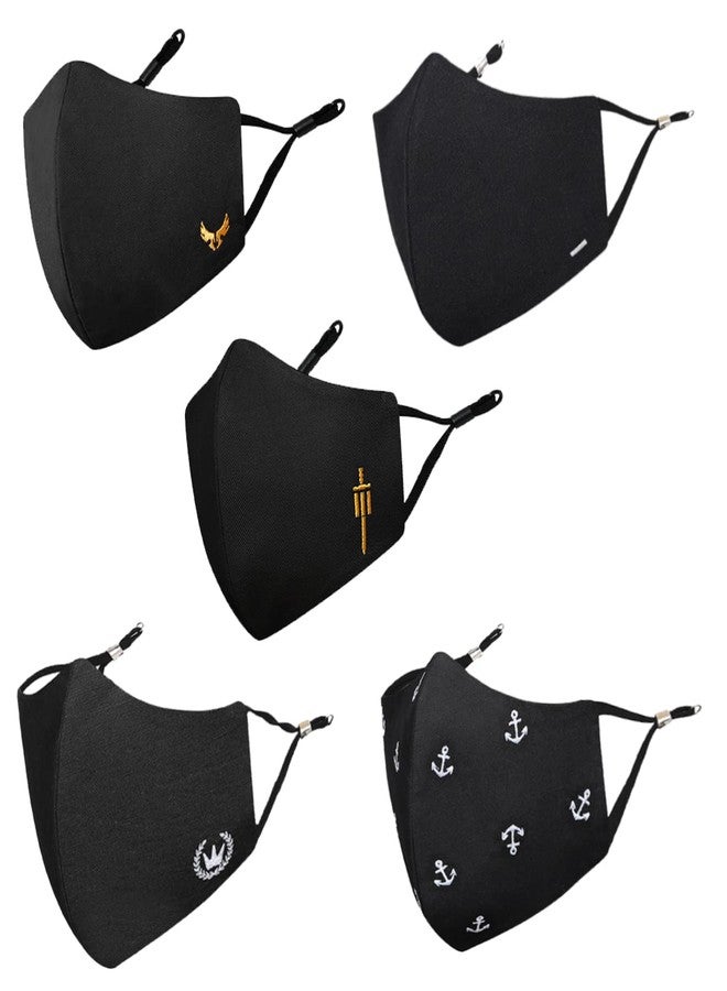 MASQ By Q-One Black Men 4 Layer, Reusable, with Ear Adjusters, Anti-Bacterial (BFE>99%) Cotton Cloth Face Mask for Men, Boys (XL, Black, Pack of 5), Without Valve - Image 1