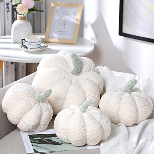 Kajaia 4 Pcs Fall Decor Thanksgiving Pumpkin Throw Pillow Fall Pillow 11 Inches 7 Inches 3D Cushion Thanksgiving Sherpa Plush Fluffy Stuffed for Autumn Christmas Home SofaWhite - Image 1