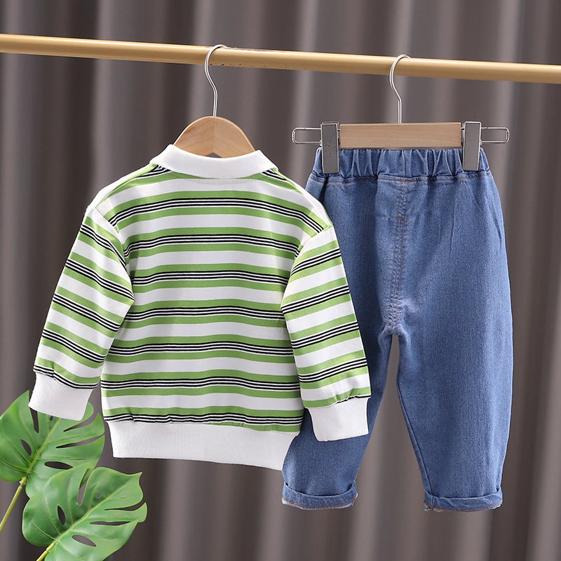 Autumn 2023 New Boys Lapel Striped Long Sleeve Suit Boys Baby Casual Denim Shorts Two-Piece Set - Image 5