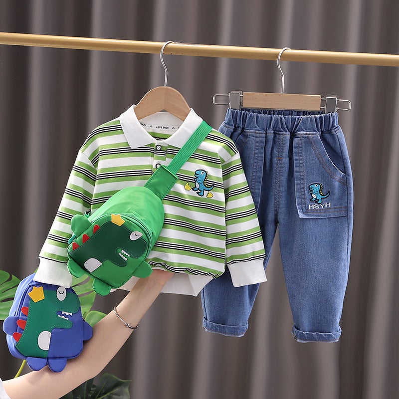 Autumn 2023 New Boys Lapel Striped Long Sleeve Suit Boys Baby Casual Denim Shorts Two-Piece Set - Image 3