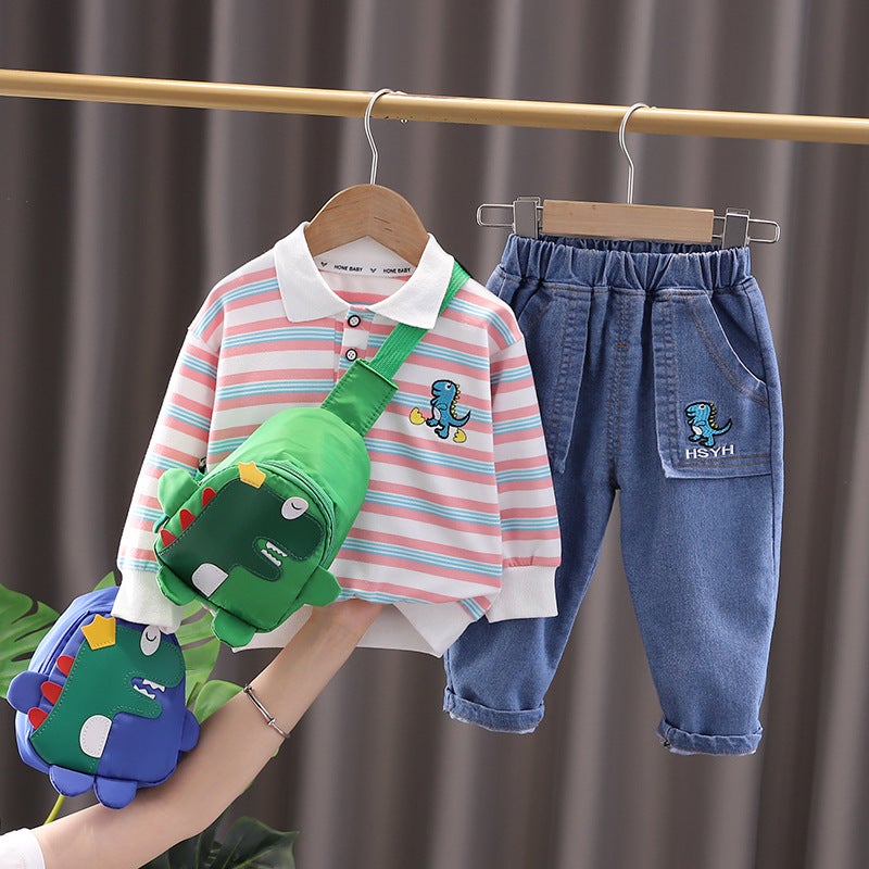 Autumn 2023 New Boys Lapel Striped Long Sleeve Suit Boys Baby Casual Denim Shorts Two-Piece Set - Image 4