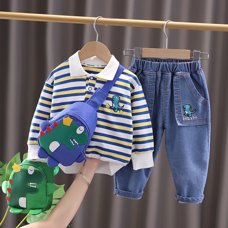 Autumn 2023 New Boys Lapel Striped Long Sleeve Suit Boys Baby Casual Denim Shorts Two-Piece Set - Image 2