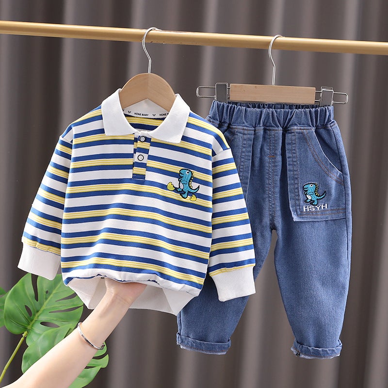 Autumn 2023 New Boys Lapel Striped Long Sleeve Suit Boys Baby Casual Denim Shorts Two-Piece Set - Image 1
