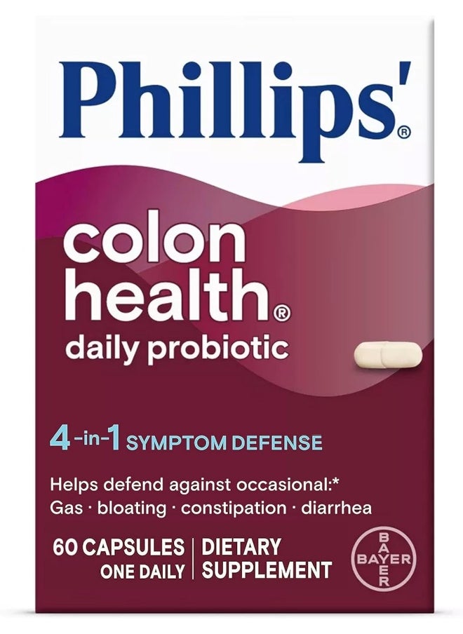 Phillips' - Phillips' Colon Health Daily Probiotic Capsules, 4-in-1 Symptom Defense to help defend against Occasional Gas, Bloating, Constipation, and Diarrhea, Daily Supplement, 60 Count - Image 1