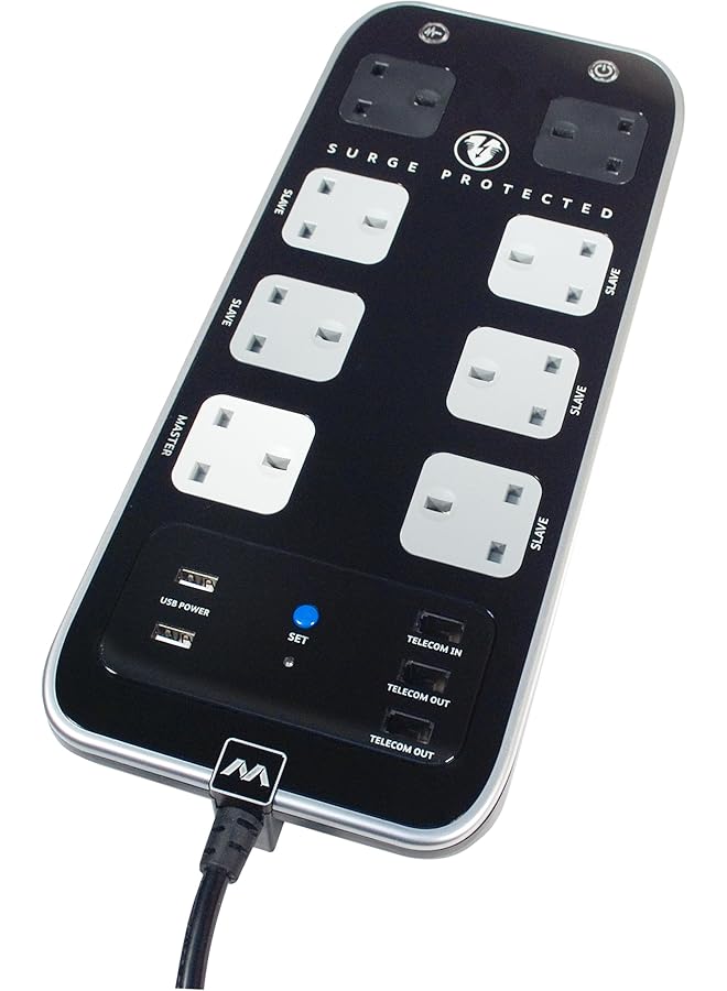 ماستربلاج مركز الطاقة المحمي من زيادة التيار 8 مآخذ 1 ماستر 7 منافذ شحن USB التابعة منافذ الاتصالات حماية من زيادة التيار Srpmstu82Pb - Image 1