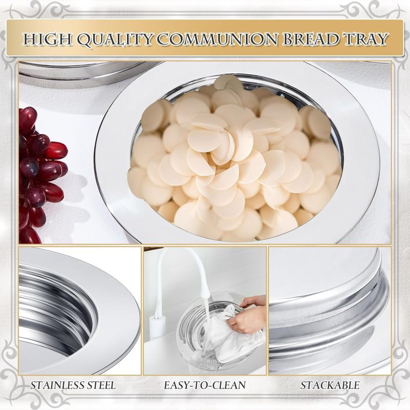 Polished Silver Communion Plate Set: Stainless Steel Church Bread Tray with Eucharistic Altar Plate for Communion Service Supplies - Image 3