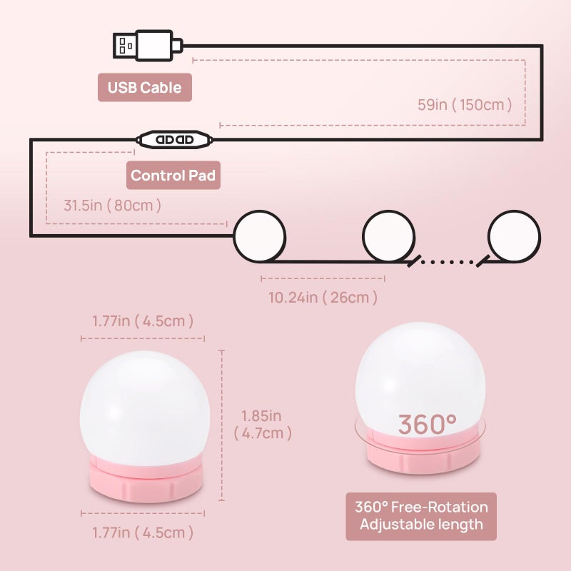Consciot LED Vanity Lights for Mirror, Hollywood Style Vanity Light with 10 Dimmable Bulbs, Adjustable Color & Brightness, USB Cable, Mirrors Lights Stick on for Makeup Table Dressing Room Mirror - Image 2