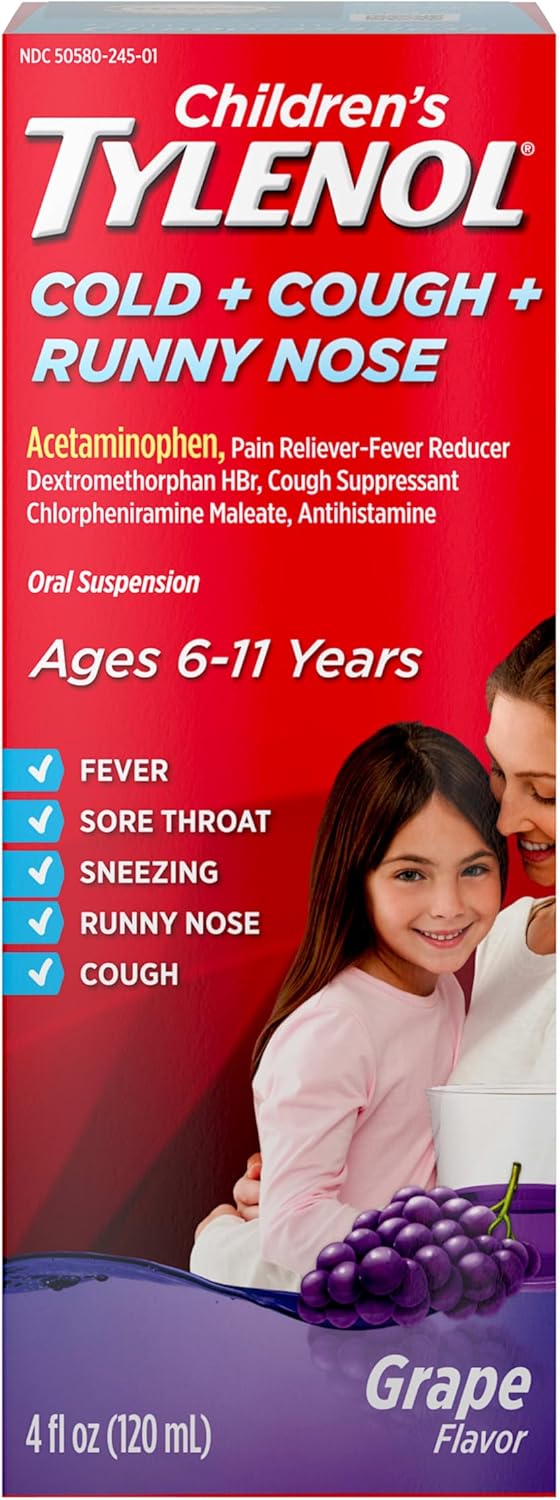 Tylenol دواء الأطفال لتخفيف السعال وسيلان الأنف والحمى بتركيبة أسيتامينوفين و كلورفينيرامين ماليات و ديكستروميثورفان بنكهة العنب 4 أونصات سائلة عبوة من 1 - Image 1