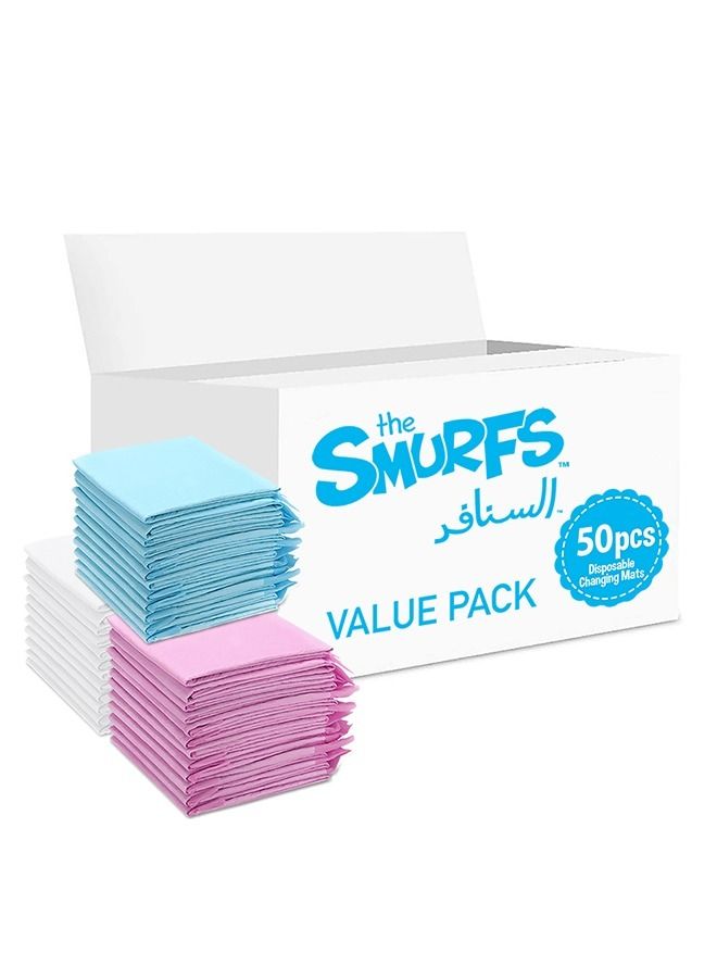THE SMURFS Disposable Changing Mats, 50 Counts, Soft Waterproof Mat, Portable Leak Proof Changing Mat, New Mom Leak-Proof Under pad, Mattress Table Protector Pad - Image 1