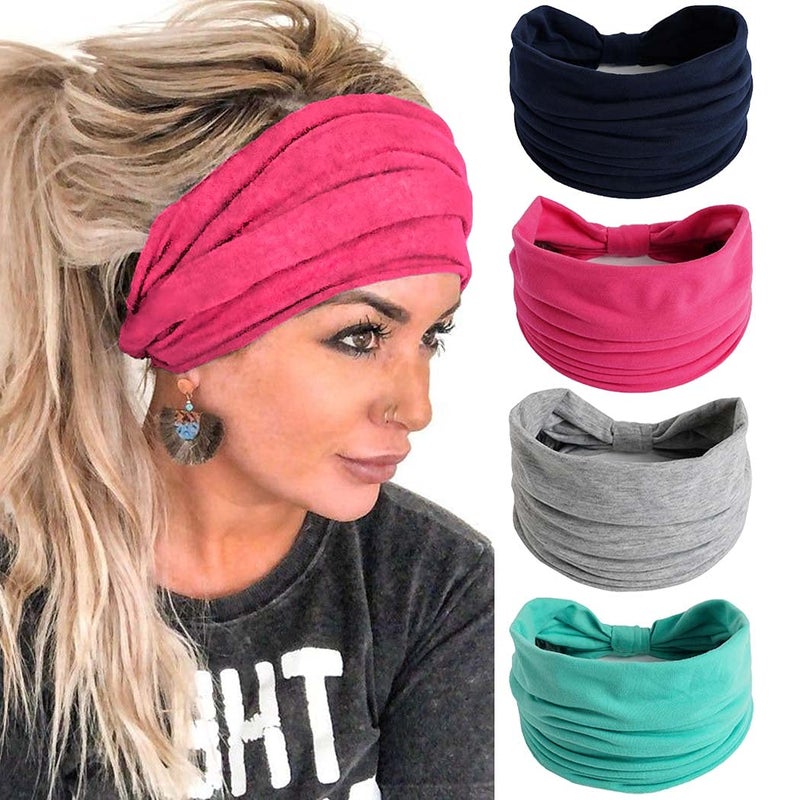 Gangel Solid Color Headbands Wide Turban Head Wraps Knotted Hair Scarfs Running Yoga Fabric Hair Accessories for Women Pack of 4 C