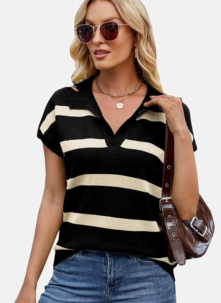 يونيكي Black Collared Striped Top